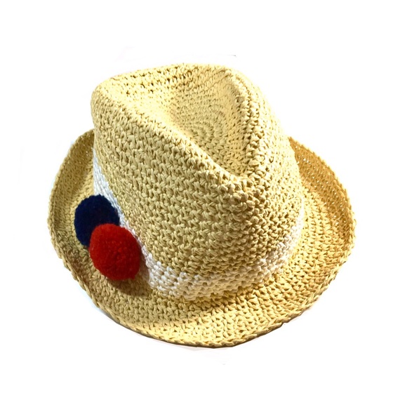 NWT Kooba Straw Fedora with White Band & Pom Poms - Picture 2 of 8